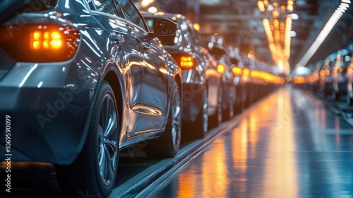 A row of cars in a factory setting, showcasing the assembly line process with bright lights and reflections on the polished floor.