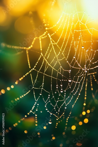 Nature delicate web shining droplets glowing sunlight natural elegance. AI generated