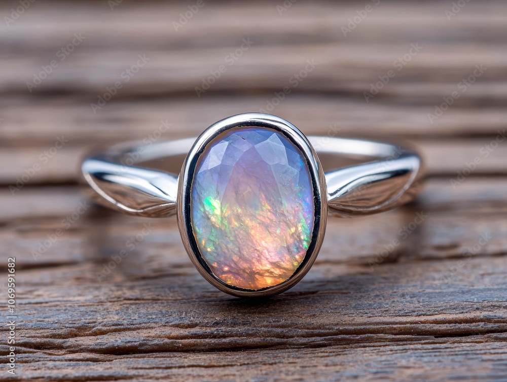 Colorful opal gemstone ring on wooden surface Colorful opal gemstone ring on wooden surface
