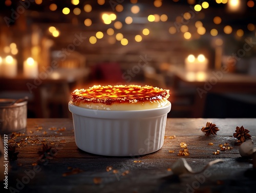 Caramelized creme brulee with a perfectly torched sugar crust photo