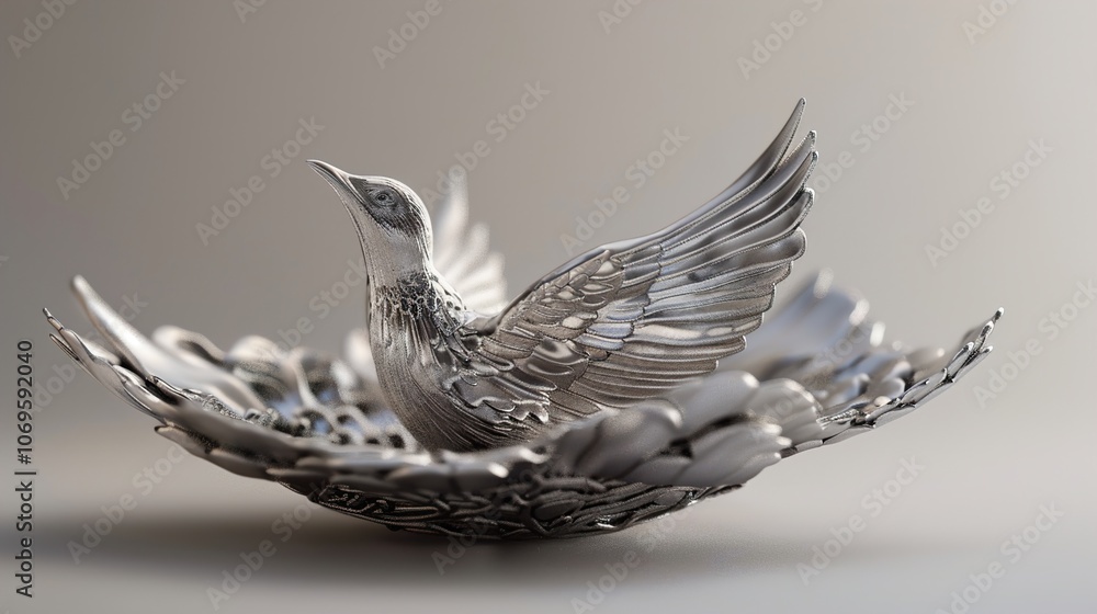Obraz premium Silver Bird Sculpture with Ornate Wings - Contemporary Art