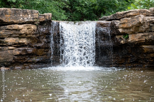 Tranquil waterfall in lush green forest