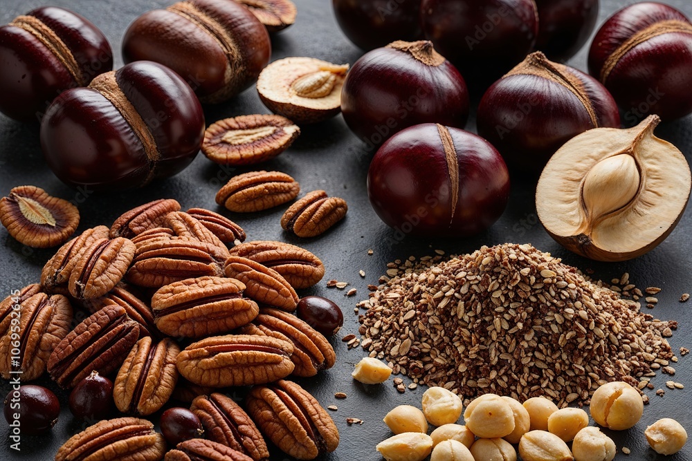 Fototapeta premium Sophisticated Showcase of Chestnuts, Pecans, and Butternuts: A Nut and Seed Compilation