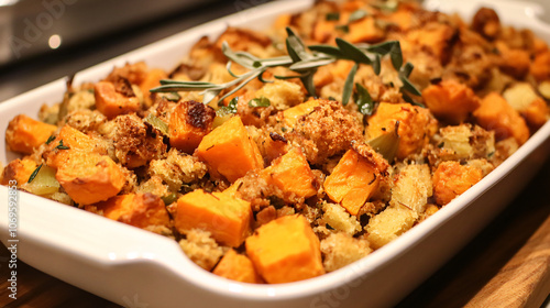 Stuffing made with sweet potatoes and spices for a comforting Thanksgiving dish.