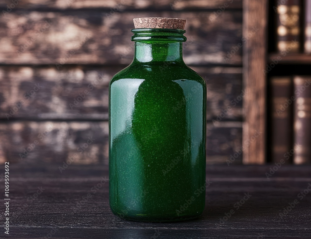 Green glass bottle on wooden surface Green glass bottle on wooden surface