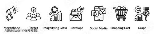 Marketing line icon set. Megaphone, Target, Magnifying Glass, Envelope, Social Media, Shopping Cart, graph