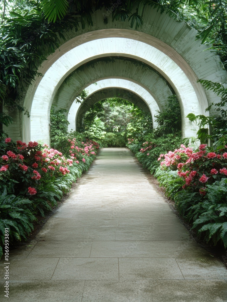 Fototapeta premium Lush tropical garden walkway with arched entrance