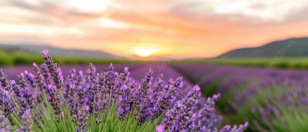 Obraz premium Stunning sunset over a lavender field