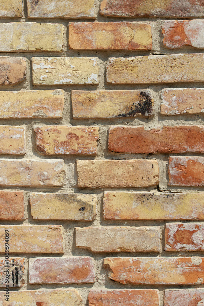 Fototapeta premium Beige grungy brick wall. Free space for an inscription. Can be used as a background or poster. Fragment of a wall with bumps and shabby plaster.