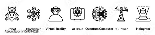 Future Technology line icon set. Robot, Blockchain, Virtual Reality, AI Brain, Quantum Computer, 5G Tower, Hologram