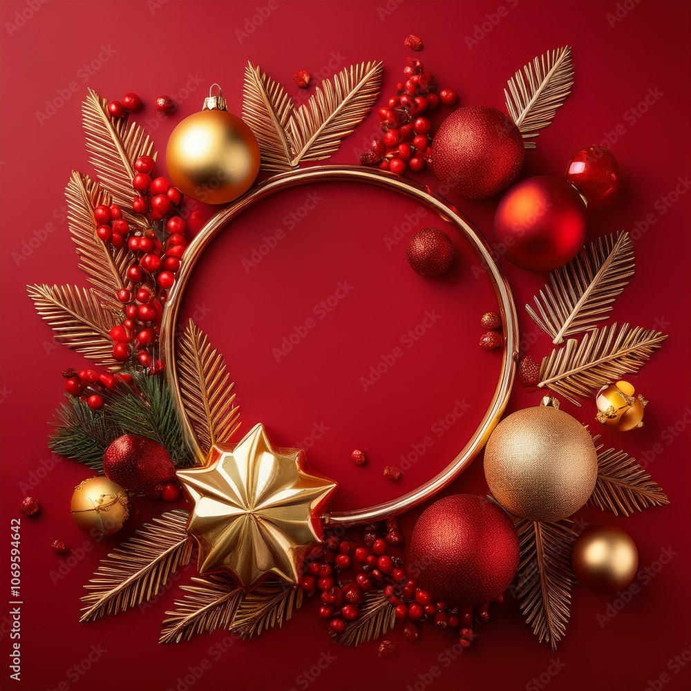 Red and gold Christmas decor with ornaments and holiday charm, perfect for seasonal promotions or festive visuals Red and gold Christmas decor with ornaments and holiday charm, perfect for seasonal promotions or festive visuals