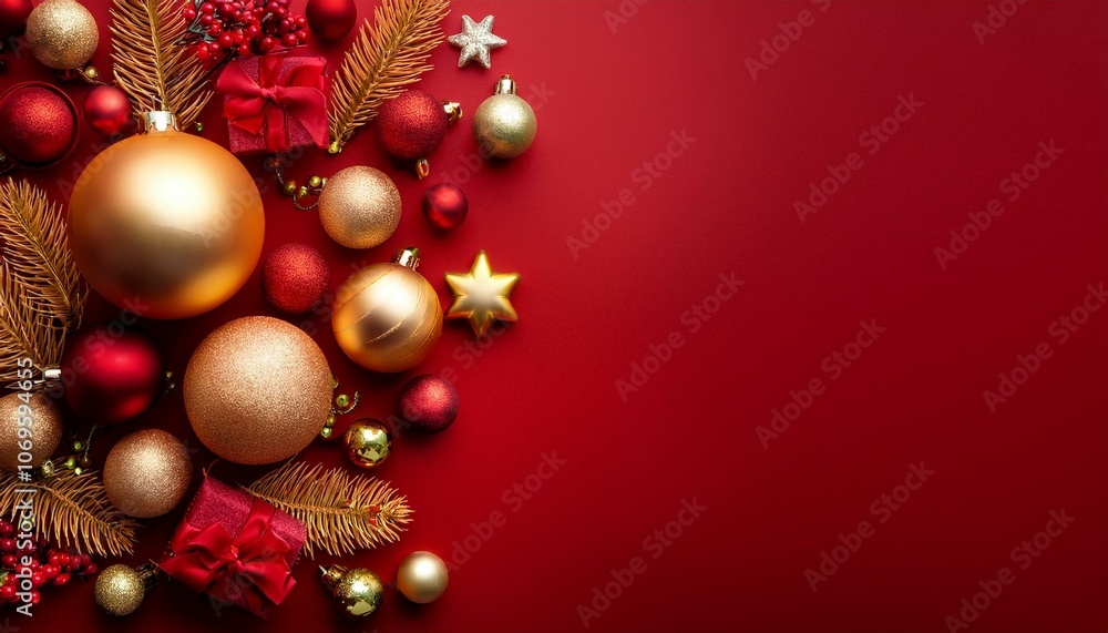 Red and gold Christmas decor with ornaments and holiday charm, perfect for seasonal promotions or festive visuals Red and gold Christmas decor with ornaments and holiday charm, perfect for seasonal promotions or festive visuals