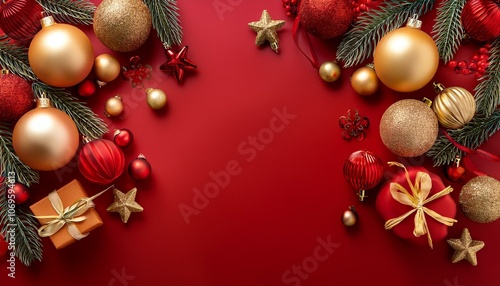 Red and gold Christmas decor with ornaments and holiday charm, perfect for seasonal promotions or festive visuals