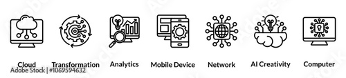 Digital Transformation line icon set. Cloud, Transformation, Analytics, Mobile Devices, Network, AI Creativity, Computer