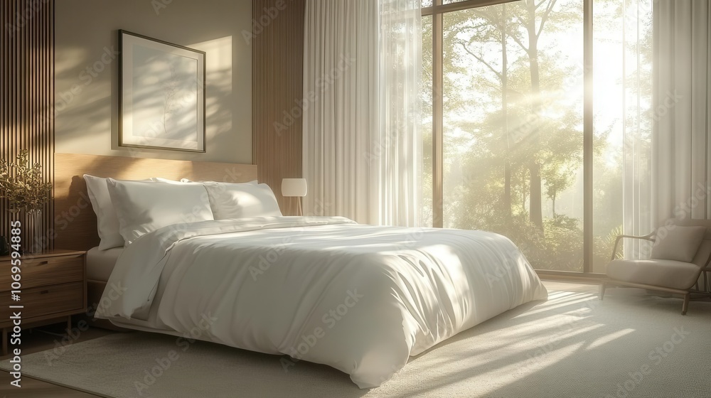 modern hotel bedroom featuring sleek design elements, sunlight streaming through a large window, soft bedding, and minimalist decor for a serene atmosphere modern hotel bedroom featuring sleek design elements, sunlight streaming through a large window, soft bedding, and minimalist decor for a serene atmosphere