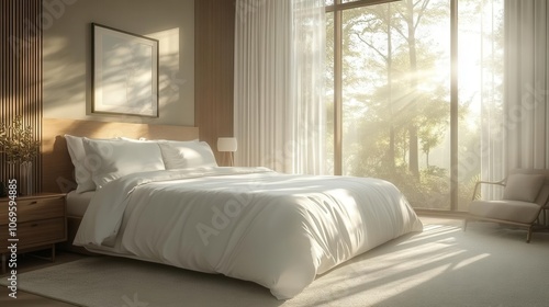 modern hotel bedroom featuring sleek design elements, sunlight streaming through a large window, soft bedding, and minimalist decor for a serene atmosphere