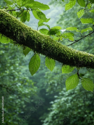 Lush green forest scene with moss-covered branch photo