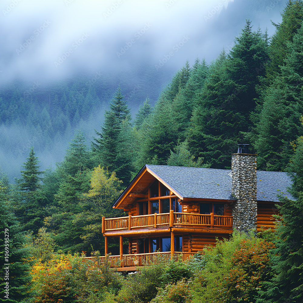 Log Cabin in the Woods with Foggy Mountain View Log Cabin in the Woods with Foggy Mountain View