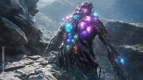 16. Crystal guardian with a stone-like body and glowing gems embedded, standing on a cliffside photo