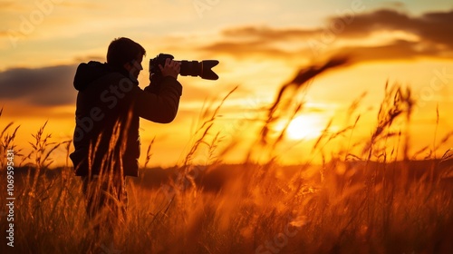 Silhouette of a photographer capturing the sunset in a field, highlighting the beauty of nature and the art of photography.