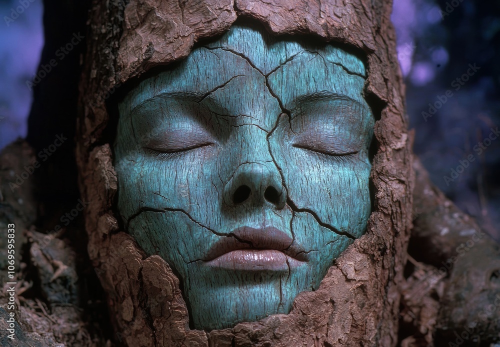 Mystical face carved into tree trunk Mystical face carved into tree trunk