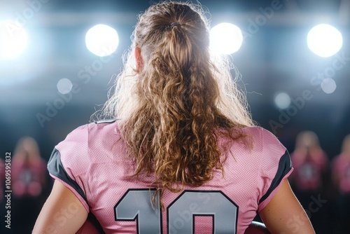 A woman with long hair is wearing a pink jersey with the number 10 on it photo