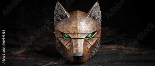 Mystical wolf mask with glowing green eyes photo