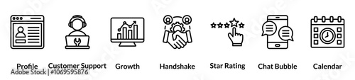 Customer Management line icon set. Profile, Customer Support, Growth, Handshake, Star Rating, Chat Bubble, Calendar