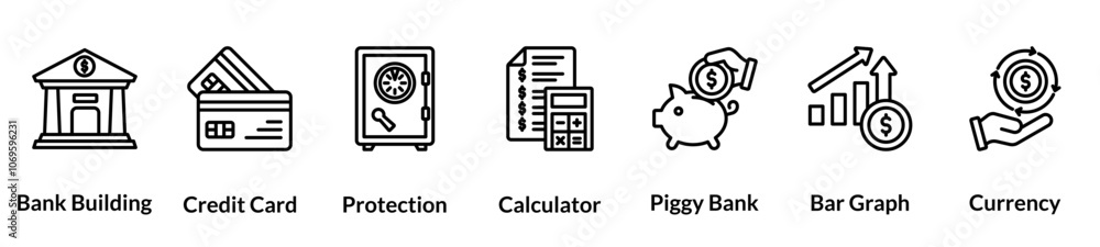 Financial Service line icon set. Bank Building, Credit Card, Protection, Calculator, Piggy Bank, Bar Graph, Currency Financial Service line icon set. Bank Building, Credit Card, Protection, Calculator, Piggy Bank, Bar Graph, Currency