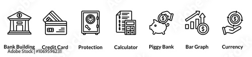 Financial Service line icon set. Bank Building, Credit Card, Protection, Calculator, Piggy Bank, Bar Graph, Currency