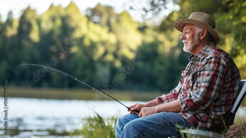 Elderly man fishing lake tranquil setting peaceful water hobby reflection. AI generated