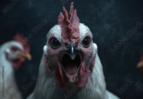 Angry rooster with open beak photo