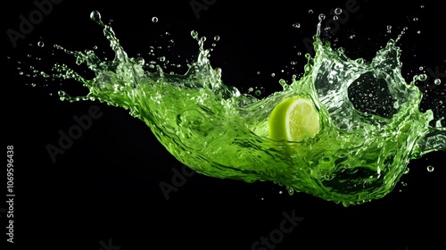 A splash of green liquid with a lime slice, showcasing freshness and vibrancy.