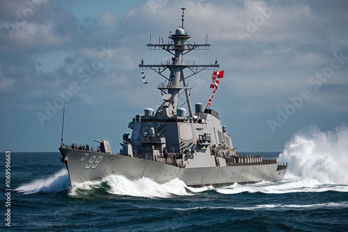 Naval Destroyer Navigating Waves in Dynamic Maritime Imagery