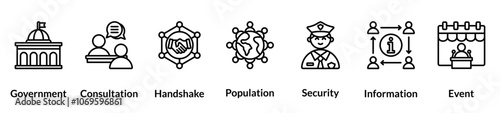 Public Service line icon set. Government, Consultation, Handshake, Population, Security, Information, Event