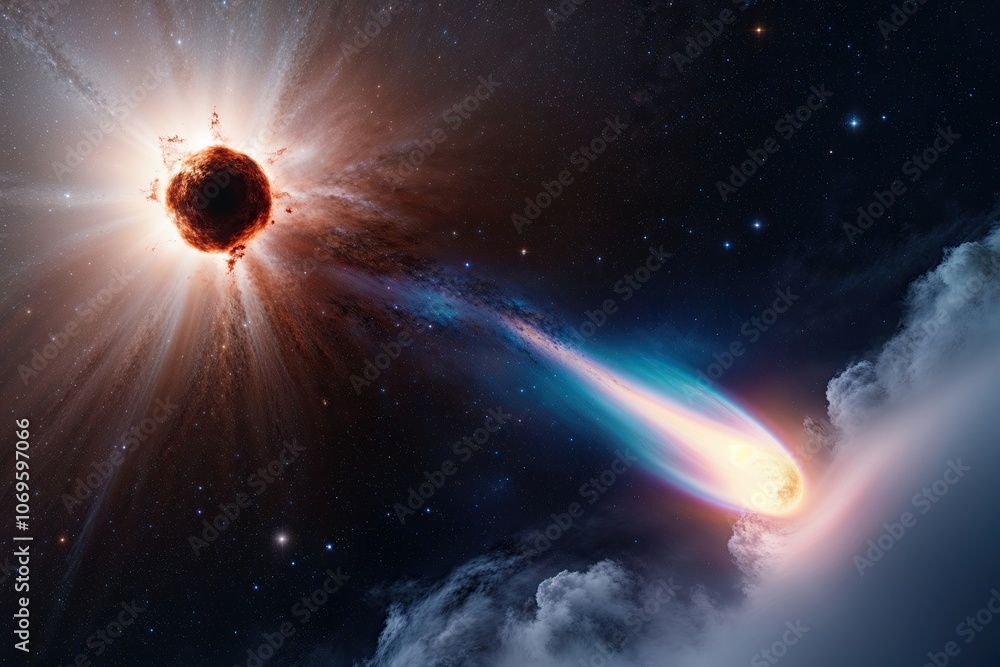 Obraz premium Vibrant Comet and Shimmering Stellar Fragment on Clean White Background