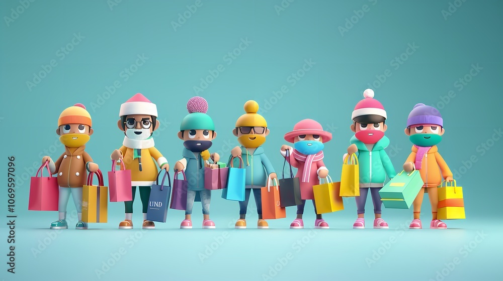 Fototapeta premium Cyber Monday banner with cartoon characters holding shopping bags