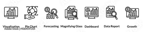 Analytics line icon set. Visualization, Pie Chart, Forecasting, Magnifying Glass, Dashboard, Data Report, Growth