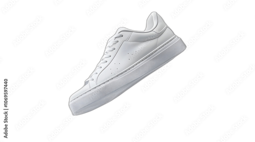 A modern white sneaker floating mid-air, with a minimalist design and sleek lines, showcasing its comfortable cushioning, 4k resolution, no background, no shadow A modern white sneaker floating mid-air, with a minimalist design and sleek lines, showcasing its comfortable cushioning, 4k resolution, no background, no shadow
