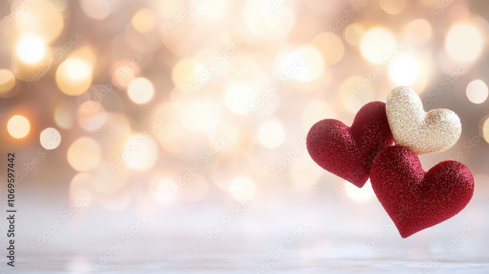 Fototapeta premium Three glittering hearts in red and gold against soft bokeh background, perfect for romantic themes and celebrations
