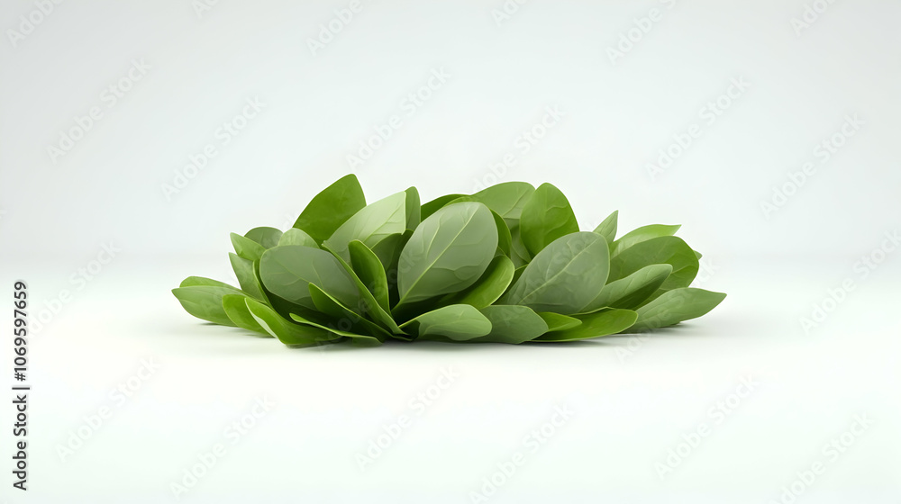 Fototapeta premium A cluster of vibrant green leaves arranged in a circular shape, isolated against a white background.