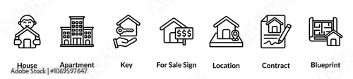 Real estate line icon set. House, Apartment, Key, For Sale Sign, Location, Contract, Blueprint