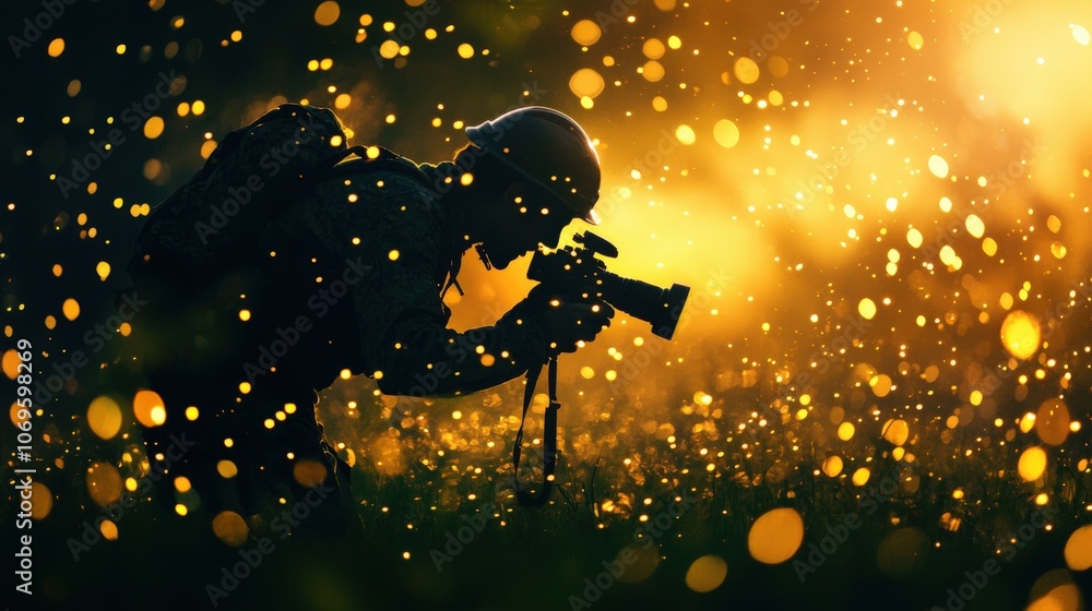 Fototapeta premium Silhouette of photographer capturing nature at sunset, surrounded by glowing bokeh lights, creating a magical and serene atmosphere.