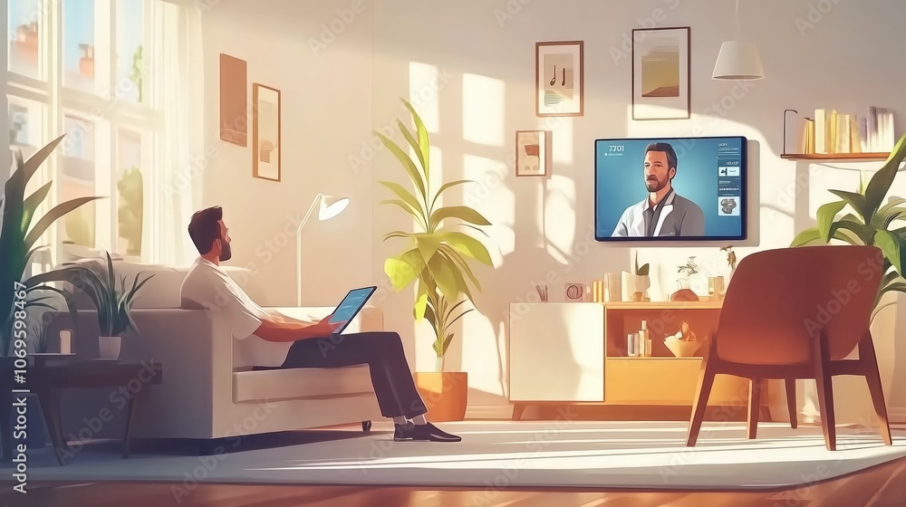 Fototapeta premium Elderly patient living room tablet healthcare connection remote medical service. AI generated
