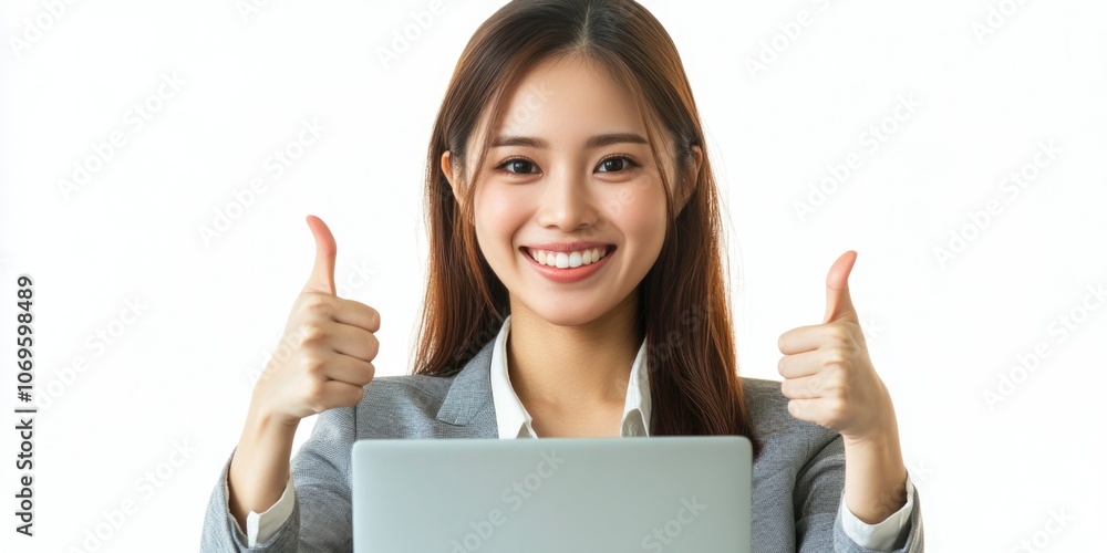 Businesswoman Giving Thumbs Up in Office Businesswoman Giving Thumbs Up in Office