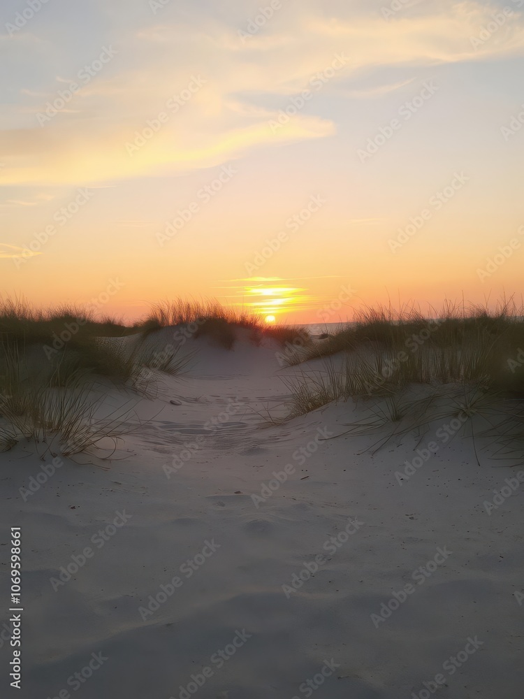 Scenic sunset view over the sandy dunes of a tranquil beach, beauty, nature Scenic sunset view over the sandy dunes of a tranquil beach, beauty, nature