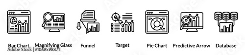 Data analytics line icon set. bar chart, magnifying glass, funnel, target, pie chart, predictive arrow, database