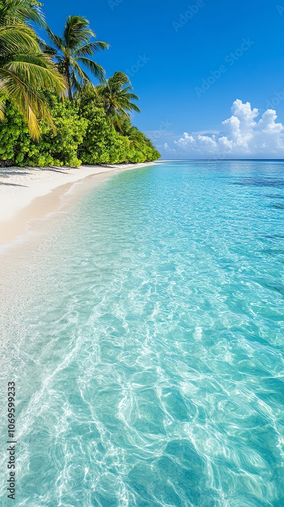 Fototapeta premium A pristine white sand beach with clear blue water and palm trees in the background.