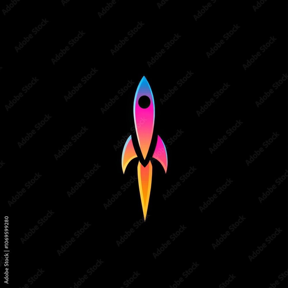 A colorful rocket ship icon on a black background. A colorful rocket ship icon on a black background.
