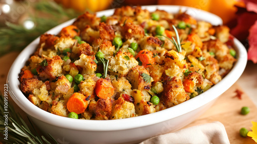 Stuffing with carrots, peas, and herbs for a colorful Thanksgiving dish.